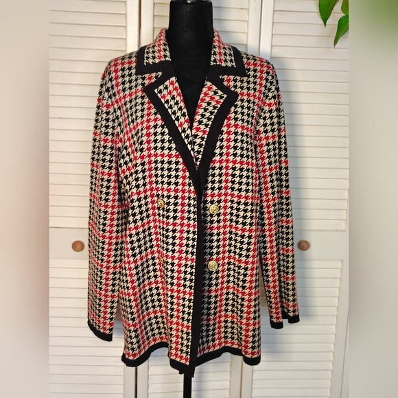 Anne Klein Houndstooth Blazer in Black, Red, and White - Picture 2 of 11